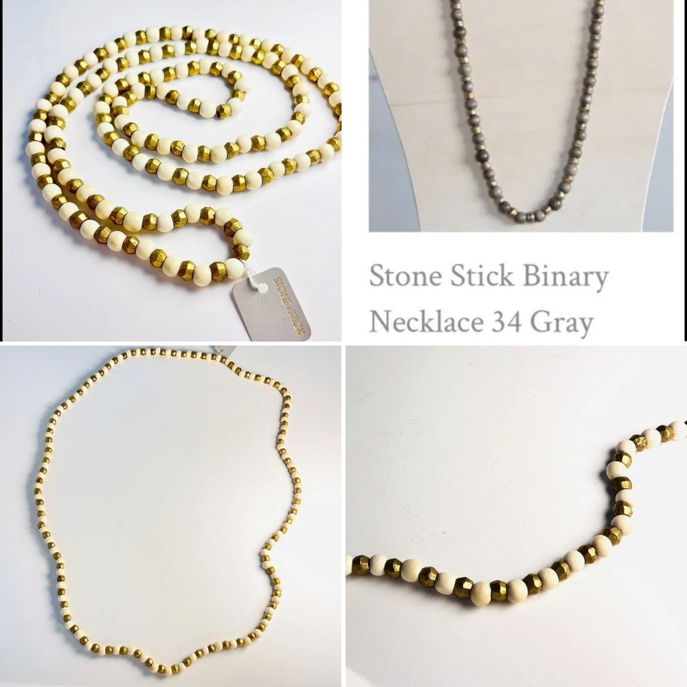 Stone+Stick Stone Stick Brass Gold Metal Cream Wood Bead Long Necklace 42"‎